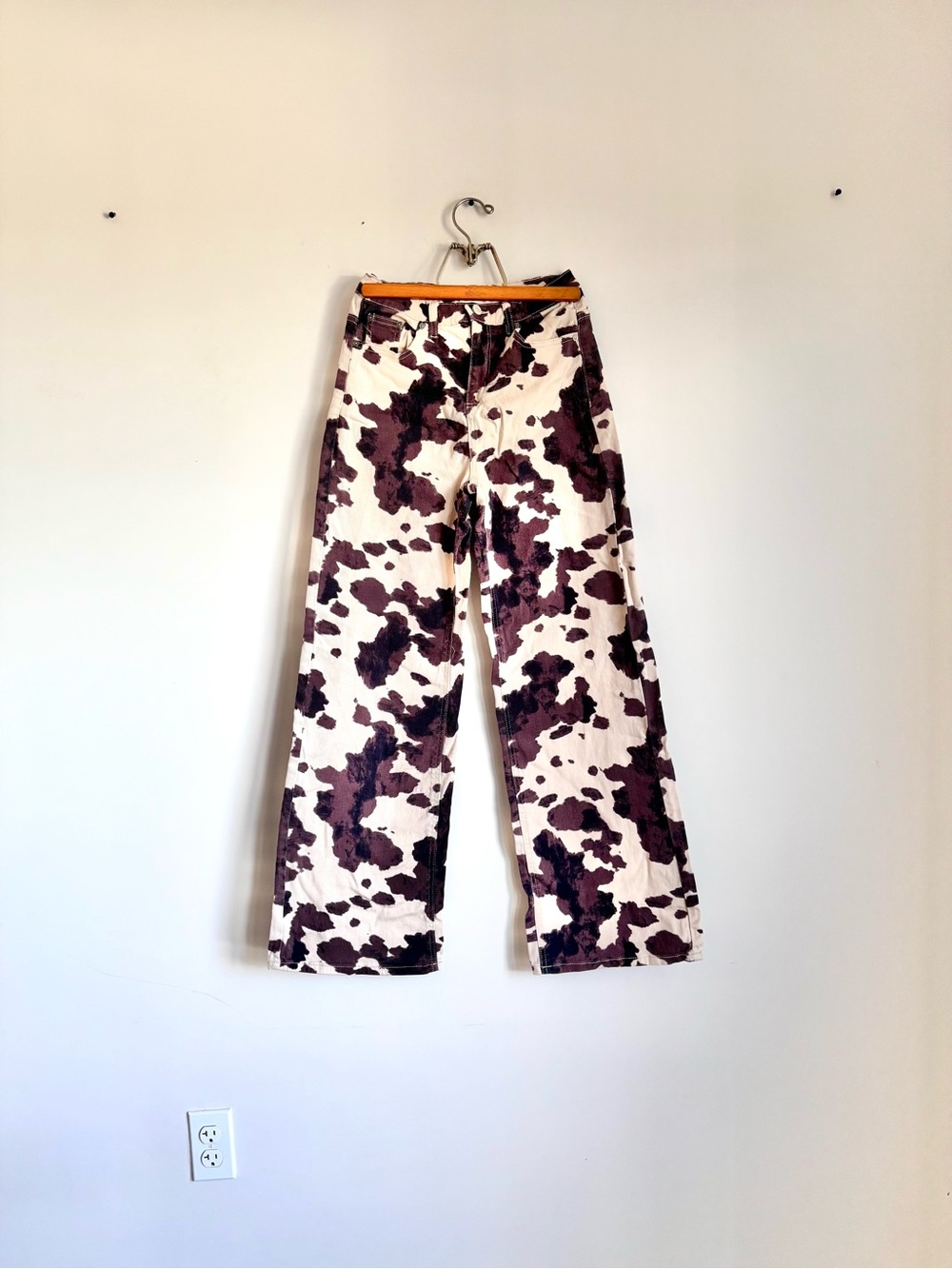 Oat New York Cream and Brown Cow-Print Wide Leg Jeans